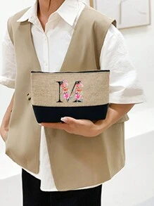 1个橙色花卉黑色字母图案卡其色手提包，化妆包，教师节礼物，女士可重复使用手提袋 - 卡其色 - 查看 3