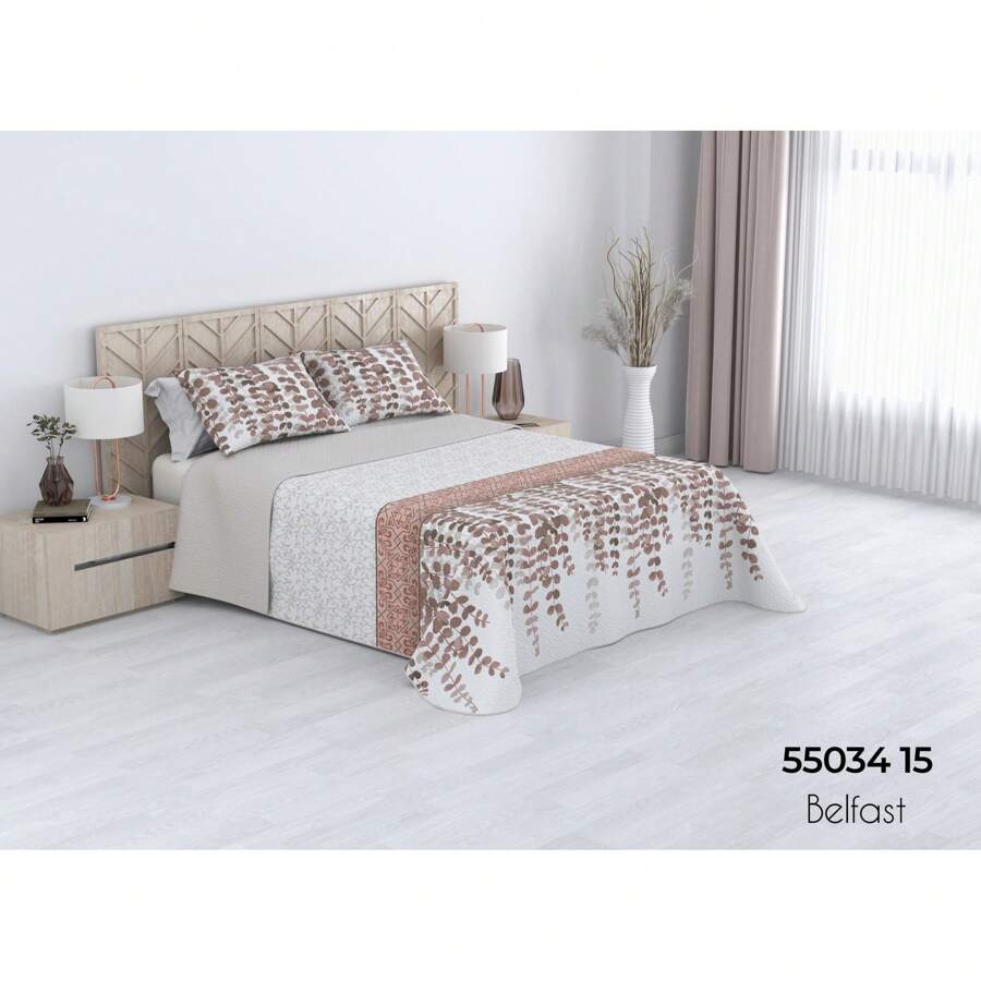 STARLEY-Colcha Bouti Estampado Belfast para Verano y Entretiempo 100% Poliéster. Incluye Funda de Cojín, Cubre Cama Fina, Ligera y Suave. Variedad de Medidas. - Óxido marrón - Ver 1