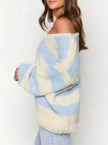 Women's Fall Striped Sweater Drop Shoulder Long Sleeve V-Neck Loose Knitted Tops