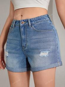 Short en jean d'été pour femmes, style bohème décontracté et mignon, avec ourlet roulé et broderie en forme de nœud papillon