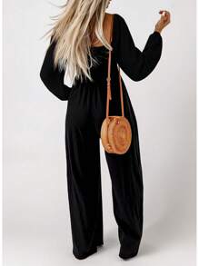 Women's Casual Loose Overalls Jumpsuits One Piece Long Sleeve Wide Leg Long Pant Rompers With Pockets - Hạt dẻ - Xem 7