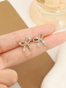 1 对优雅女士简约全镶钻石耳钉，奢华百搭耳环，配银柱 - 金黃色 - 查看 2