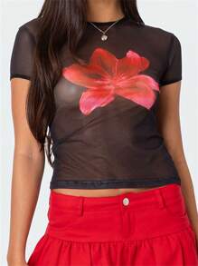 Women Floral Mesh Tops Slim See Through Round Neck Short Sleeve Crop T-Shirt Summer Streetwear Tees - Black - View 4