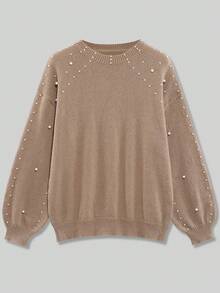 European & American Style Elegant Plus Size Women Pearl Embellished Knit Crew Neck Sweater, Autumn/Winter - Khaki - View 4
