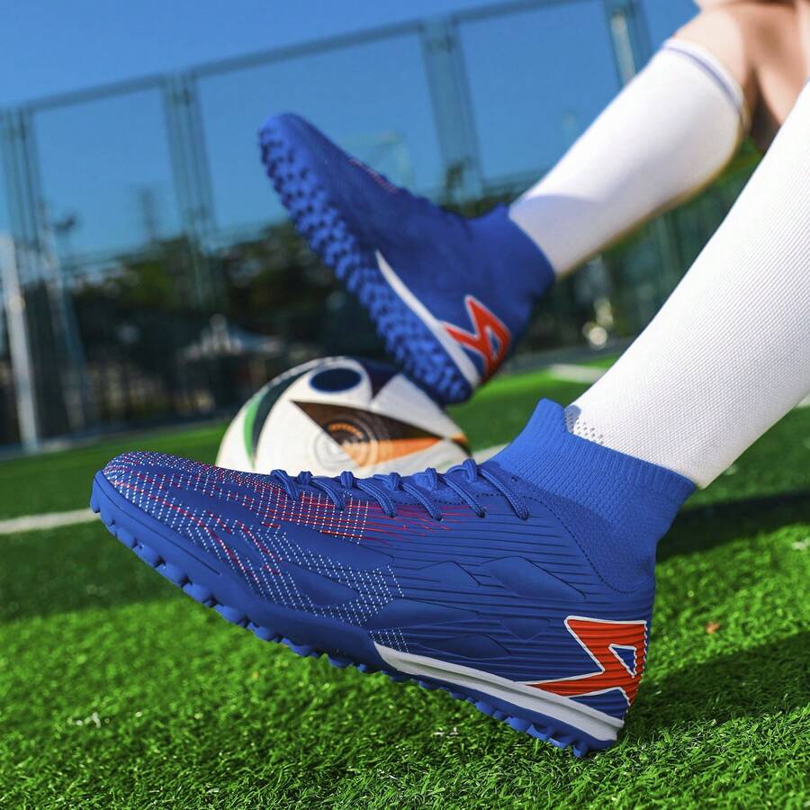 1 双青年高帮防滑足球鞋，蓝色，适合草地比赛和训练，适合所有季节 - 藍色 - 查看 1