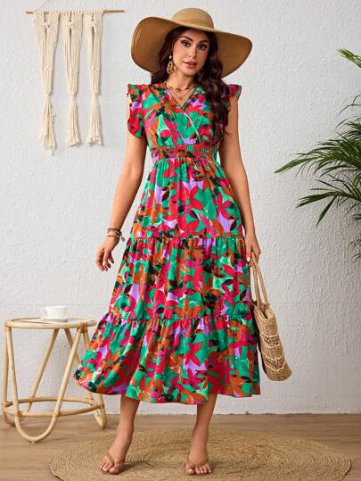 Vestido Largo Para Mujer Con Estampado Floral,Vestido Manga Con Volante,Vestido Cuello En V, Vestido Con Cintura Plisada De Primavera y Verano