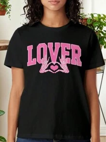 Valentine's Day Love Comic Letters Women's Single Side Printed Short Sleeve T-Shirt Round Neck Summer Fashion Solid Basic T-Shirt Tops Casual Summer Shirts