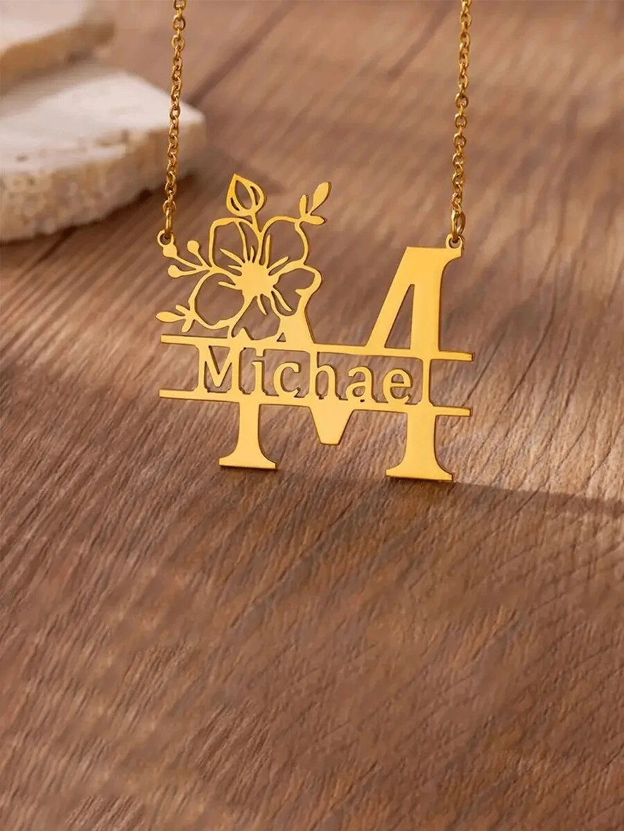 M 个性化花卉首字母项链 - 优雅不锈钢吊坠，配金色装饰，定制名字吊饰