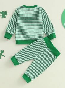 Baby 2 Piece Spring Outfit Long Sleeve Shamrock Embroidery Sweatshirt Striped Pants Set - Green - View 3