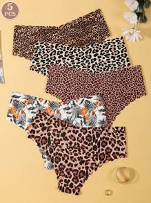 Set de 5 bragas de bikini de corte bajo y sin costuras con estampado de leopardo sexy para mujeres, cómodo y transpirable para ejercicio y deportes