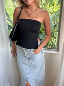 Women Tube Tops Solid Color Slit Strapless Tank Tops Summer Backless Bandeau Shirts Streetwear - 黑色 - 查看 1