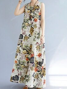 Abito lungo casual da donna con scollo tondo e senza maniche, con stampa
