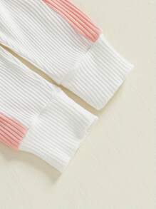 Baby Girl Spring 2Pcs Outfits Set, Ribbed Contrast Color Long Sleeve Romper Long Pants - Pink - View 6