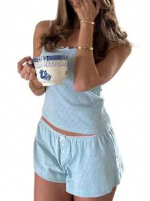 Women's 2 Y2K Pyjamas Set, Sleeveless Italian Halter Trim Cami Top + Shorts Strip Set Pyjamas Homewear.