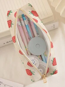 3 件套：草莓印花灯芯绒大容量铅笔盒、文具袋、拉链铅笔盒、印花灯芯绒袋、返校、学校用品、铅笔袋、书包 - 彩色 - 查看 4