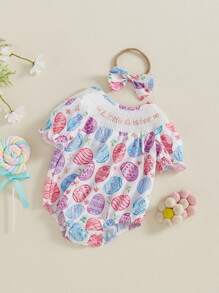 Baby Girl Easter Romper Letter Embropidery Bunny Print Short Sleeves Round Neck Bodysuit With Bow Headband - Purple - View 3