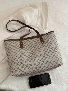 1 件卡其色 PU 拉链复古图案大容量休闲铆钉印花单肩手提包女士 - 卡其色 - 查看 5