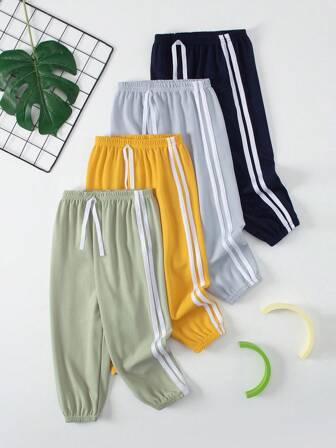 4pcs Young Boy Casual Pants, Spring/Summer Lightweight Drawstring Ankle Length Trousers, Daily Versatile For 3-12 Years Old Child