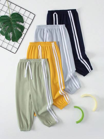 4pcs Young Boy Casual Pants, Spring/Summer Lightweight Drawstring Ankle Length Trousers, Daily Versatile For 3-12 Years Old Child