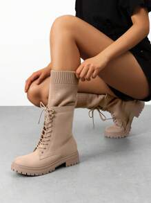 Women's Splicing Knitted MID-CALF Boots Tube Lace-Up Comfortable Party Commuter Winter Spring Christmas Elegance Boots