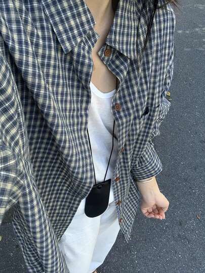 女士复古蓝格子宽松衬衫，春夏休闲复古风格潮流衬衫