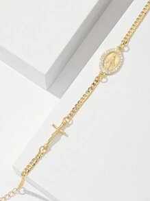 1 件经典时尚微镶嵌锆石铜链，镀金单层立体雕刻天主教椭圆形圣母玛利亚和耶稣手链，适合作为母亲节/情人节礼物，送给情侣、姐妹、朋友、信徒，适合日常和节日佩戴、祈祷、妈妈、母亲、母亲节、礼物 - 金黃色 - 查看 2