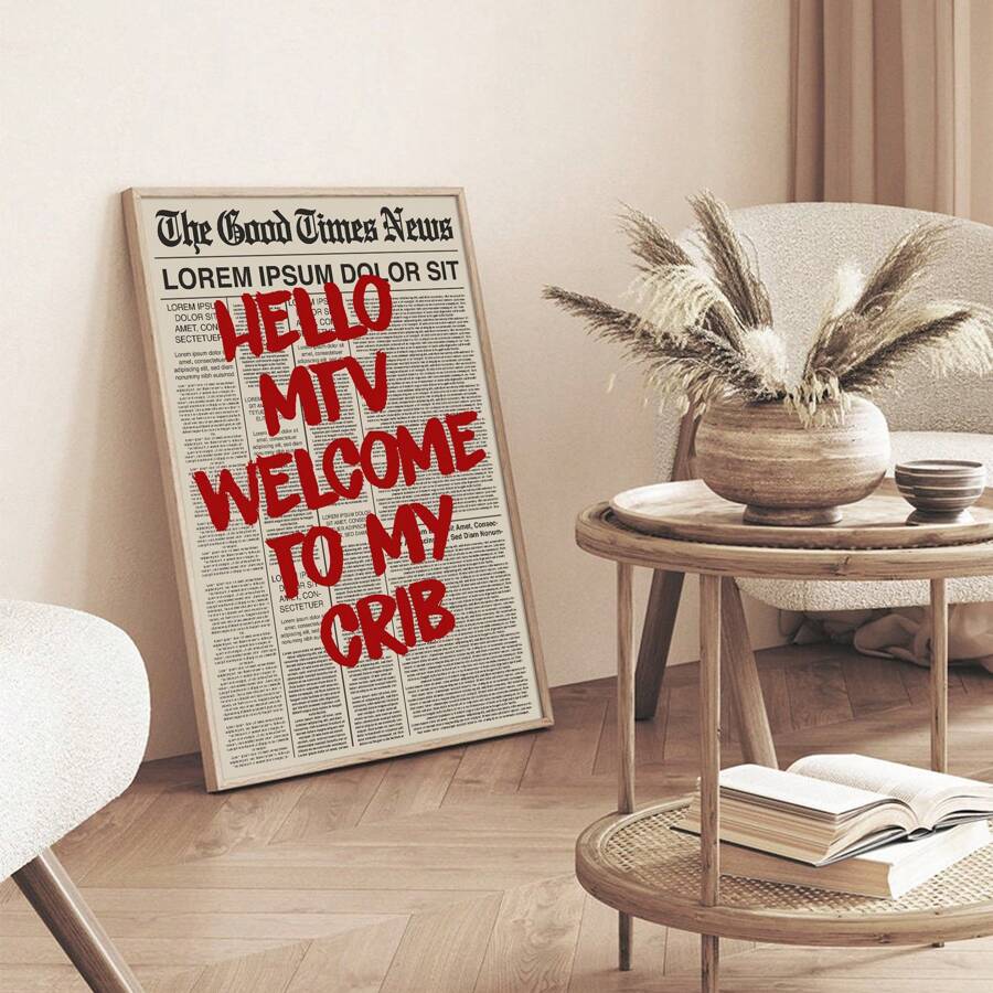 1幅“欢迎来到我的温馨小家”墙画,MTV经典文字,帆布印刷,趣味语录装饰画,适用于卧室、客厅、办公室,复古报纸海报风格,可选无框或有框,送给她的绝佳礼物 - 彩色 - 查看 1