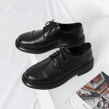 男士厚底圆头系带休闲鞋，英式商务工作装运动鞋，适合日常穿着 - 黑色 - 查看 6