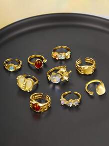 9Pcs Y2K Crystal Rings Kpop Heart Adjustable Ring Asymmetric Geometry Punk Vintage Rings Set For Women Girls New Fashion Jewelry