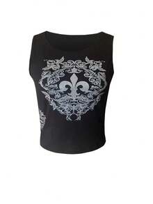 Women's Round Neck Casual Y2K Rhinestone Print Fashion Tank Top - Black - View 4