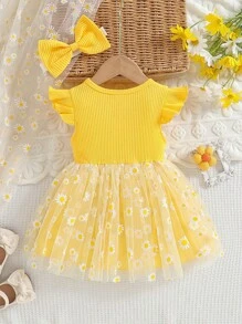 Baby Mädchen Kleid mit Blume Muster, Rundhalsausschnitt, Rüschenärmeln und Stirnband, süß und stilvoll