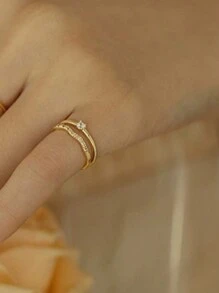 1 szt. Luksusowy regulowany pierścionek z cyrkonii sześciennej w kolorze złotym, 2-warstwowy, z elementem dekoracyjnym