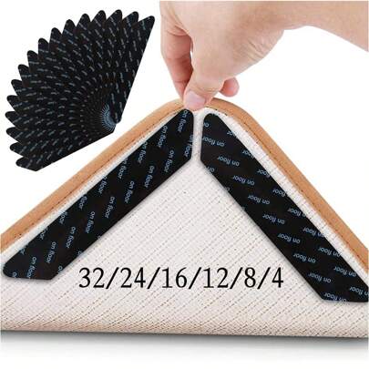 [4/8/12/16/24/32] Carpet Stickers For Wooden Flooring Carpet Stickers For Area Carpets, Anti Slip Carpet Corner Clips For Securing Kitchen And Bedroom Carpets, Peeling And Pasting Anti Slip Carpet Mats, Anti Slip Carpet Mats
