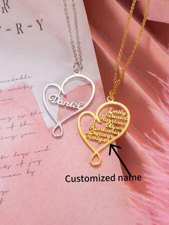 1pc Custom Stainless Steel Love Tree Necklace With Personalized English Letters, Can Be Customized With 1-5 Name Heart-Shaped Pendants Elegant Bohemian Style, Perfect Choice For Valentine's Day And Birthday Gifts