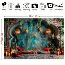 Vintage European Cathedral & Palace Candlelight Scene - Light Blue Polyester Backdrop, Single-Sided Printing, Suitable For Photo Booth, Living Room, Outdoor Decoration, Festivals And Livestream