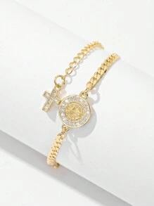 1pc Classic Fashion Micro-Inlaid Cubic Zirconia Copper Chain, Gold Plated, Multi-Layer Floral Embossed Catholic Saint Benedict & Jesus Cross Charm Bracelet, Suitable Gift For Mother/Valentine's Day/Couples/Sisters/Friends/Believers, For Daily Use & Prayers