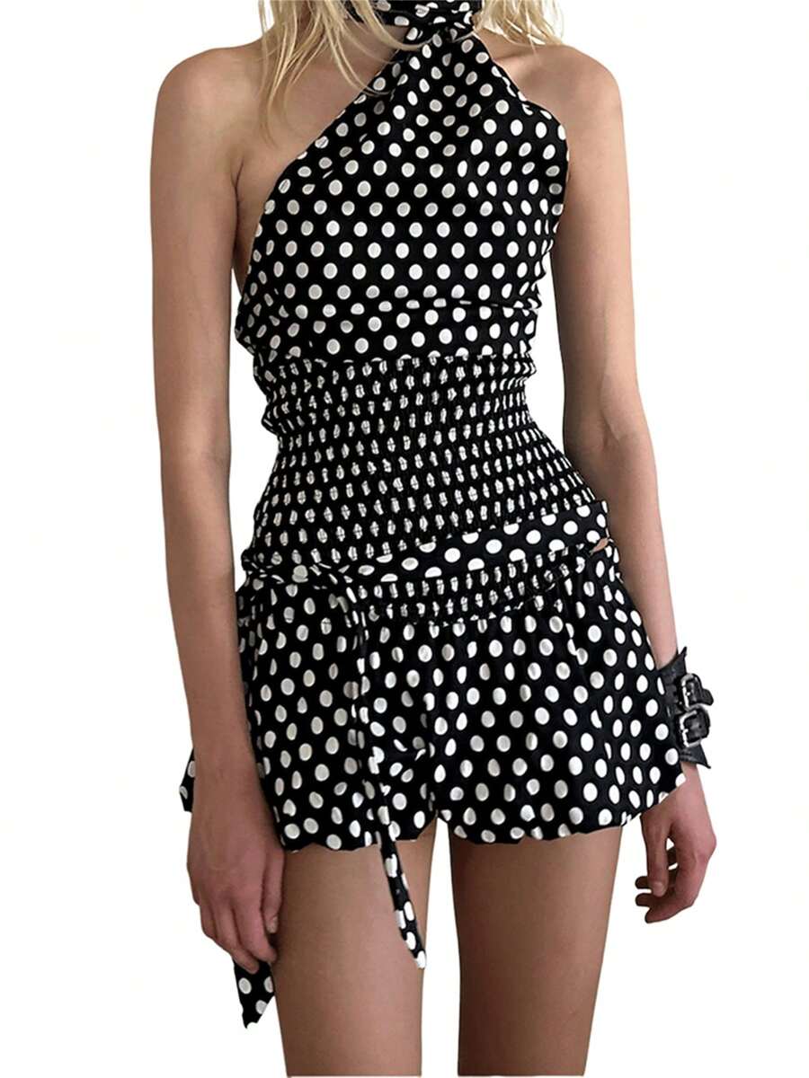 Women Bubble Skirt, Low Waist Plaid/Dots Print Summer Mini Skirt Clubwear With Belt - 黑色 - 查看 1