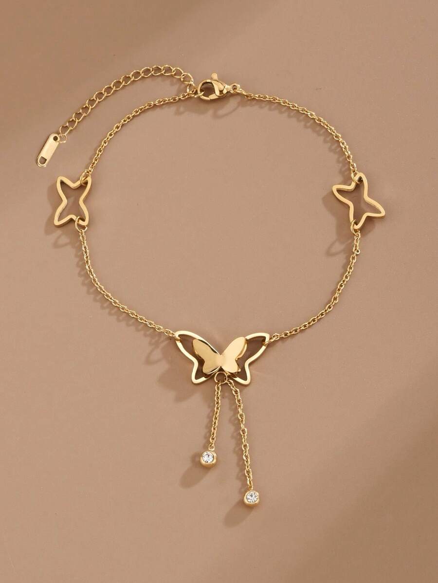 不銹鋼蝴蝶裝飾腳錬 - 玫瑰金 - 查看 1