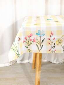 1pc, Spring Flower Easter Tablecloth, Polyester Yellow Plaid Floral And Grass Design Rectangular Table Cover, Festive Spring Themed Outdoor/Indoor Party Supplies Decoration, Easter Decoration For Home Kitchen Table Decor