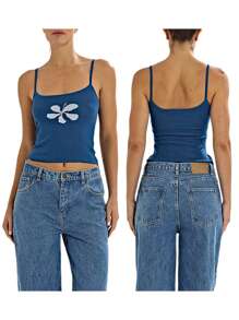 Women's Summer Slim Fit Vest Sleeveless Open Back Flower Print Knit Crop Tank Tops - Blue - View 3