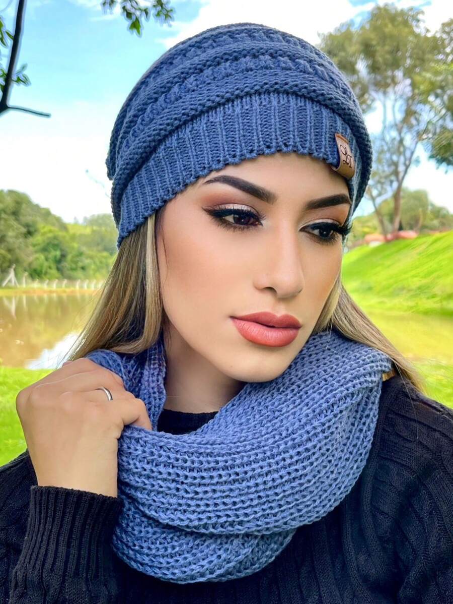 Unisex Knit Infinity Beanie And Scarf Set Soft Wool Winter Fashion - Azul menta - Ver 1