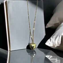 1 件心形设计项链 - 优雅奢华，带有心形吊坠和锁骨链，简约而百搭，适合任何情人节情人节场合 - 愛-金色 - 查看 6