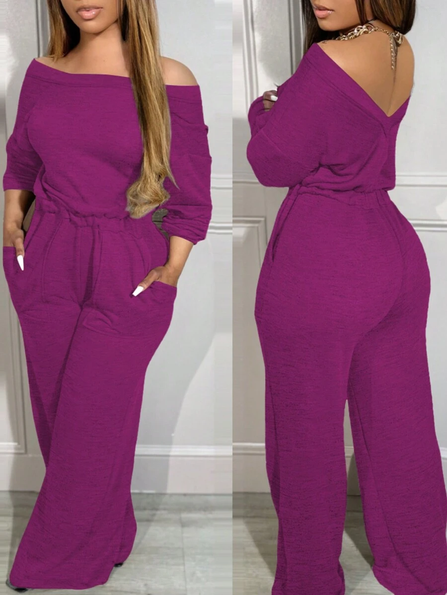 Off Shoulder V-Back Jumpsuit Stretchy Waist Pocket Design Causal Jumpsuit - Màu Hồng Tươi - Xem 1