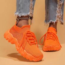 Women's Simple Plain Lace-Up Low Top Sock Sneakers, Summer 2024 Casual Comfortable Breathable Lightweight Sports Running Shoes - 橘色 - 查看 4