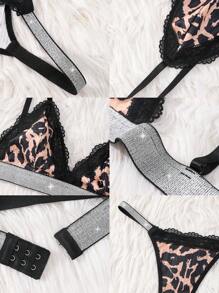 1 conjunto de lencería sexy con encaje de estampado de leopardo para mujer, conjunto de sujetador y bragas para mujer