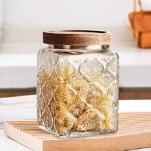 3 Piece Nordic Style Vintage Glass Storage Jar Set, Begonia-Pattern And Sunflower, Versatile Square Clamshell, Reusable, Safe To Transport, Suitable For Kitchen And Home Snacks And Grain Tea, Coffee Beans, Sugar, Confectionery, Biscuits, Spices - Trong sáng - Xem 8