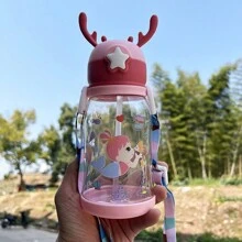 Cute Cartoon Kids Straw Cup Portable Baby Water Bottle Sealed Plastic Leakproof Small - 粉色 - 查看 5