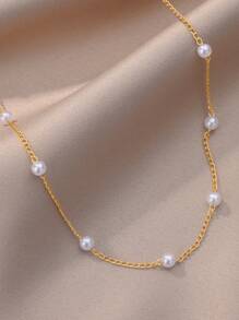 1pc Dainty Stainless Steel Multiple Faux Pearl Necklace 18K Gold-Plated Anti Fading Chain Layered Necklace For Women Romantic Holiday Wedding Jewelry Choker Daily Wear Accessories Bridesmaid, Valentine's Day, Mother's Day Gifts,Mom,Mother,Mother's Day,Gift