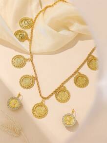 1 Set de Collar y Aretes con Forma de Moneda Dorada, Incrustados con Rhinestones, Estilo Marroquí, Accesorio de Moda para Bodas y Fiestas