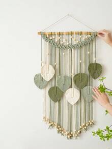 Makramee Wandbehang Boho Herbst Dekoration Blätter Wandkunst Schlafzimmer Wandkunst Skandinavisches Zuhause Kinderzimmer Wandteppich - Dunkelgrün - Übersicht 7